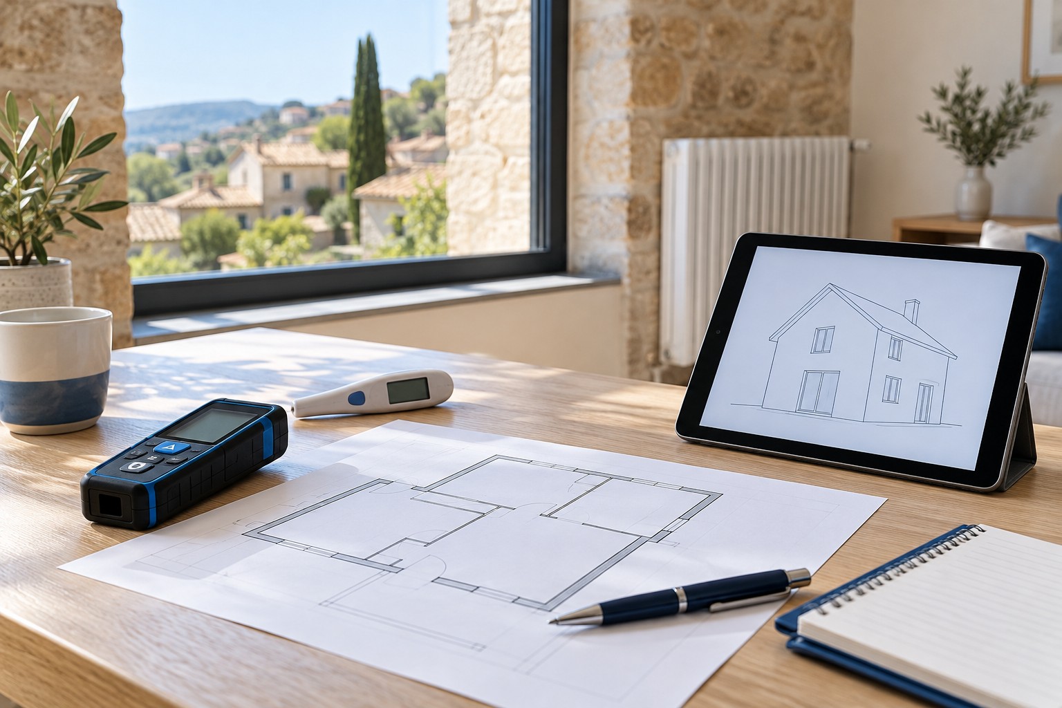 Illustration de matériel de relevé et de plans pour les diagnostics immobiliers et l’audit énergétique